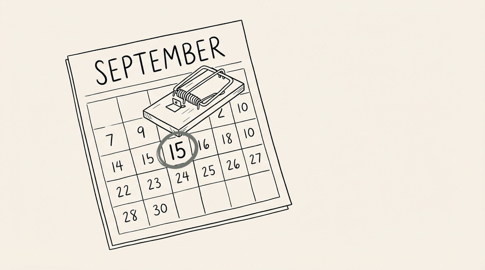 Editorial illustration: a September wall calendar tilted slightly to the right, the 15th circled in teal with a set mousetrap resting on that date &mdash; signifying that the September 15 crawler-blocking deadline is a trap for the unwary.