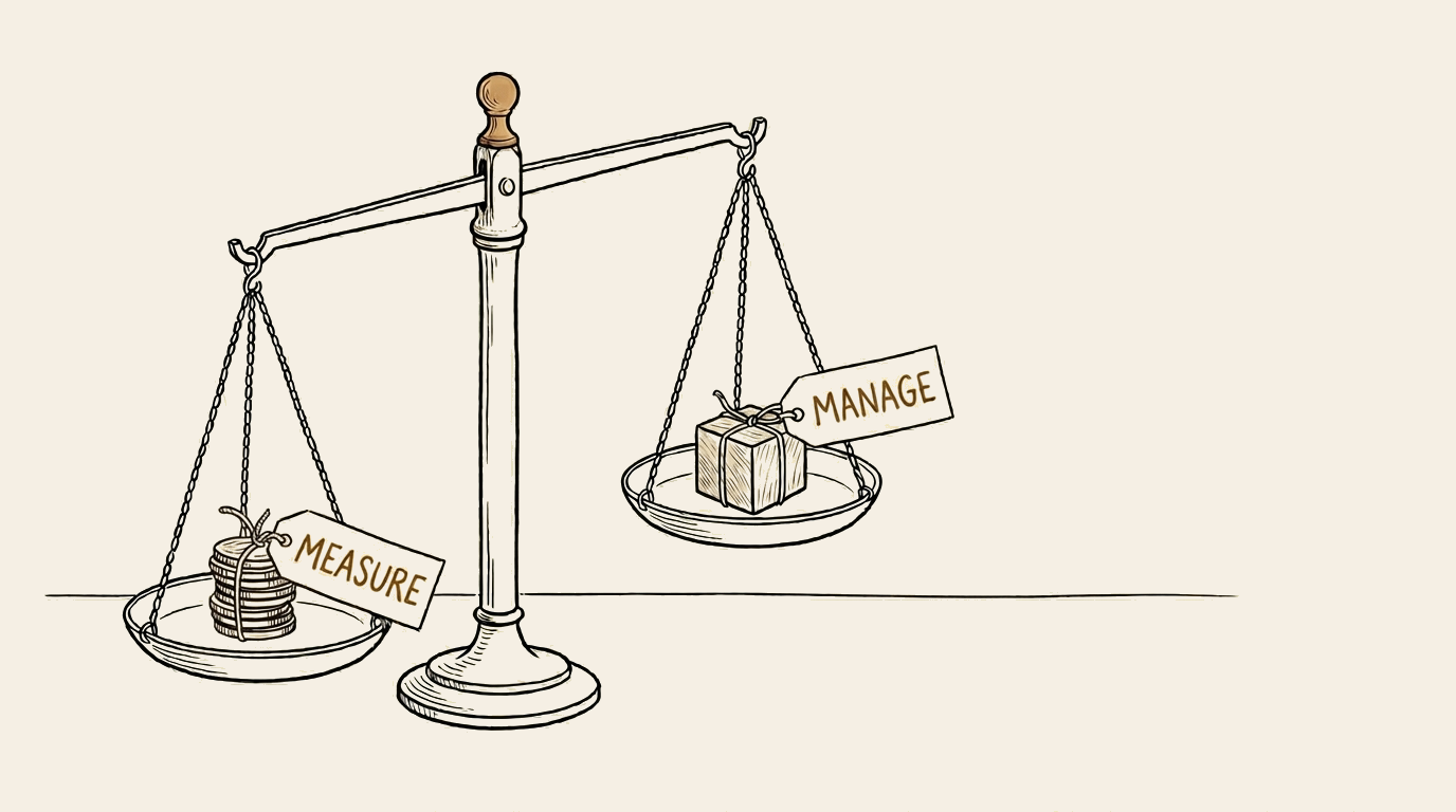 Editorial illustration: a two-pan balance scale with the MEASURE side loaded down and the MANAGE side tilted up — signifying that the AI-visibility community has poured its energy into measurement while management of what gets measured has been left unattended.