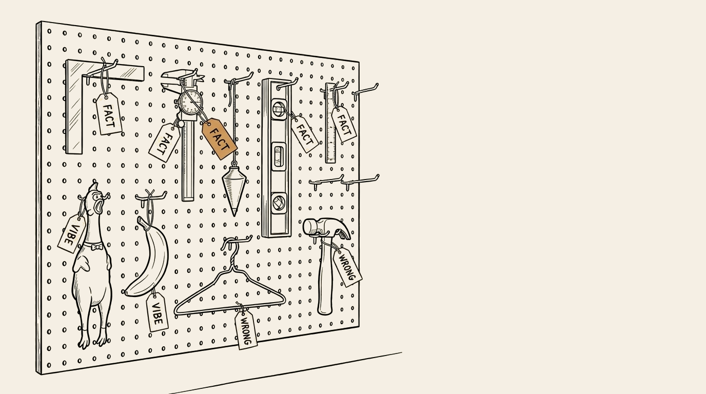 Editorial illustration: a workshop pegboard hung with legitimate measurement instruments — calipers, a ruler, a protractor, a magnifying glass — the FACT tag on the calipers rendered in brand amber, signifying that most free AI-visibility tools fail the transparency test that real instruments pass.