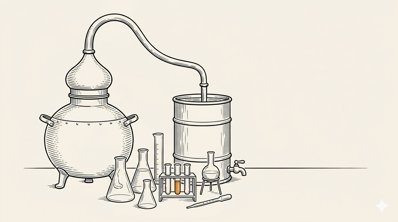 Editorial illustration: a copper moonshine still with its curved lyne arm rendered in amber, surrounded on a laboratory bench by Erlenmeyer flasks, graduated cylinders, and test tubes — the full stack of paid AI visibility tools a buyer has to sort through.