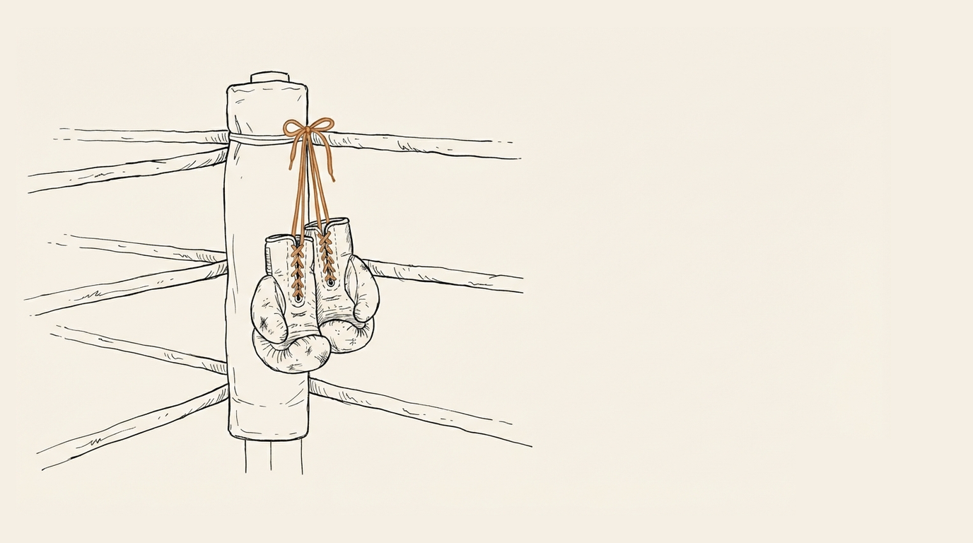 Editorial illustration: an empty boxing-ring corner with worn boxing gloves hung over the ropes by copper-amber laces — the fight for the deal is decided before you step into the ring.