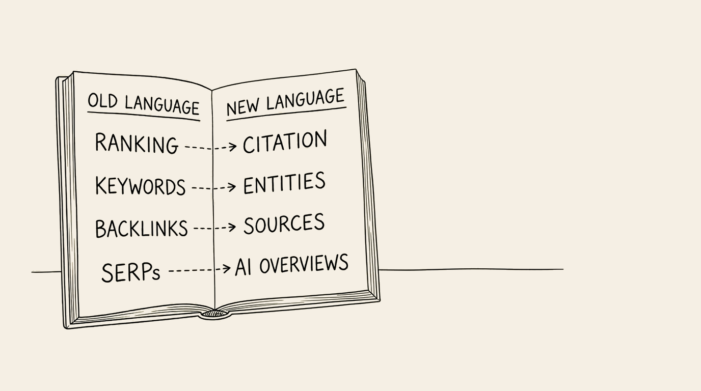 Editorial illustration: an open phrasebook translating old search terminology into the language AI systems actually use — signifying that the transition from search to AI visibility requires new vocabulary, not new effort.