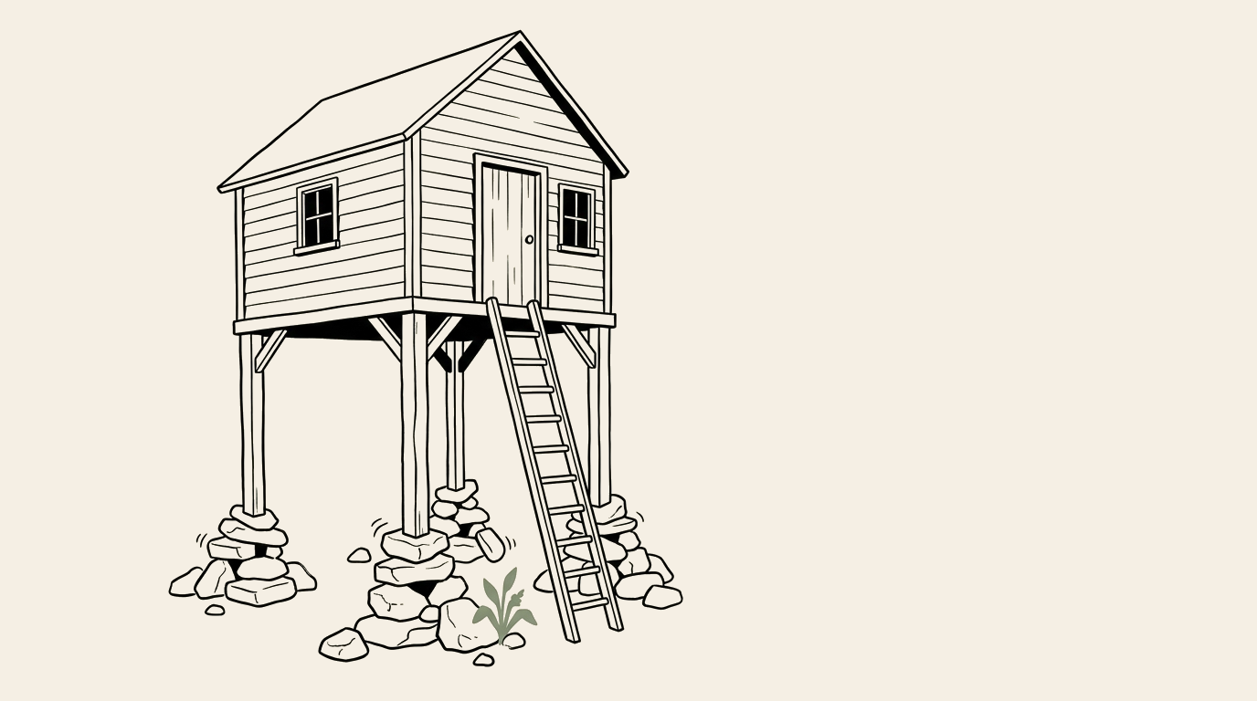 Editorial illustration: a well-built house with visible foundation, named residents, and a clear address &mdash; signifying that AI trusts a brand with documented authors, verifiable expertise, and consistent identity across platforms.
