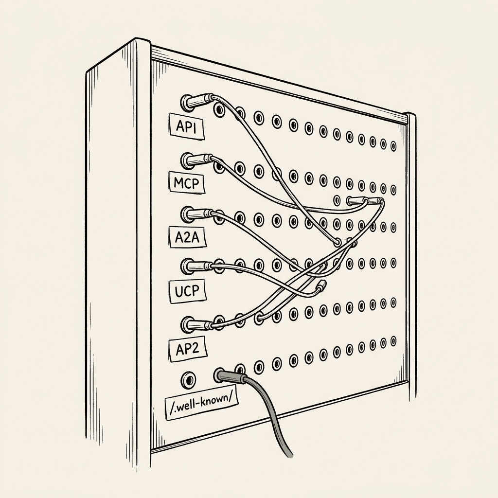 Editorial illustration: a vintage telephone switchboard with labeled jacks for the agent protocols (API, MCP, A2A, UCP, AP2, and /.well-known/) and patch cables routing connections between them &mdash; signifying that AI agents now route requests across many surfaces.